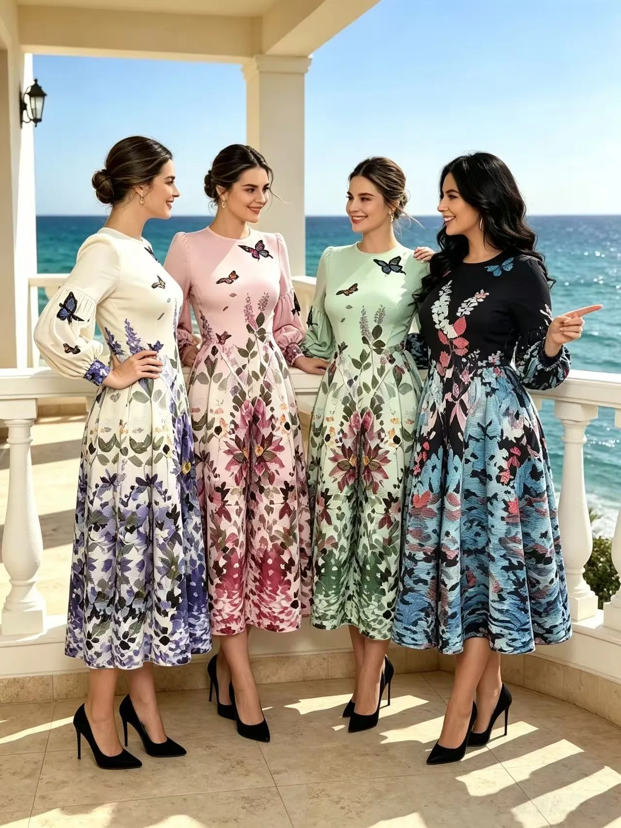 2026 Miyake and Summer Printed Long Dress Fashion Temperament Round Neck Printed Pendulum Long Sleeve Dress Women's Clothing