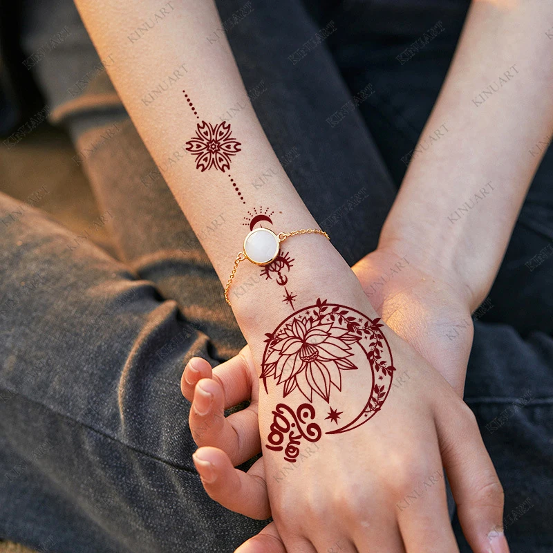 Brown Henna Stickers for Women Moon Design Temporary Henna Tattoos Flower Fake Tattoo for Hand Fingers Mehndi Design Body Wear