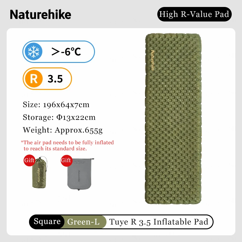 Naturehike Opblaasbare Campingmat 3.5 R-Value Ultralight Slaapmatje 20D Nylon TPU Luchtbed voor Wandelen Backpacken