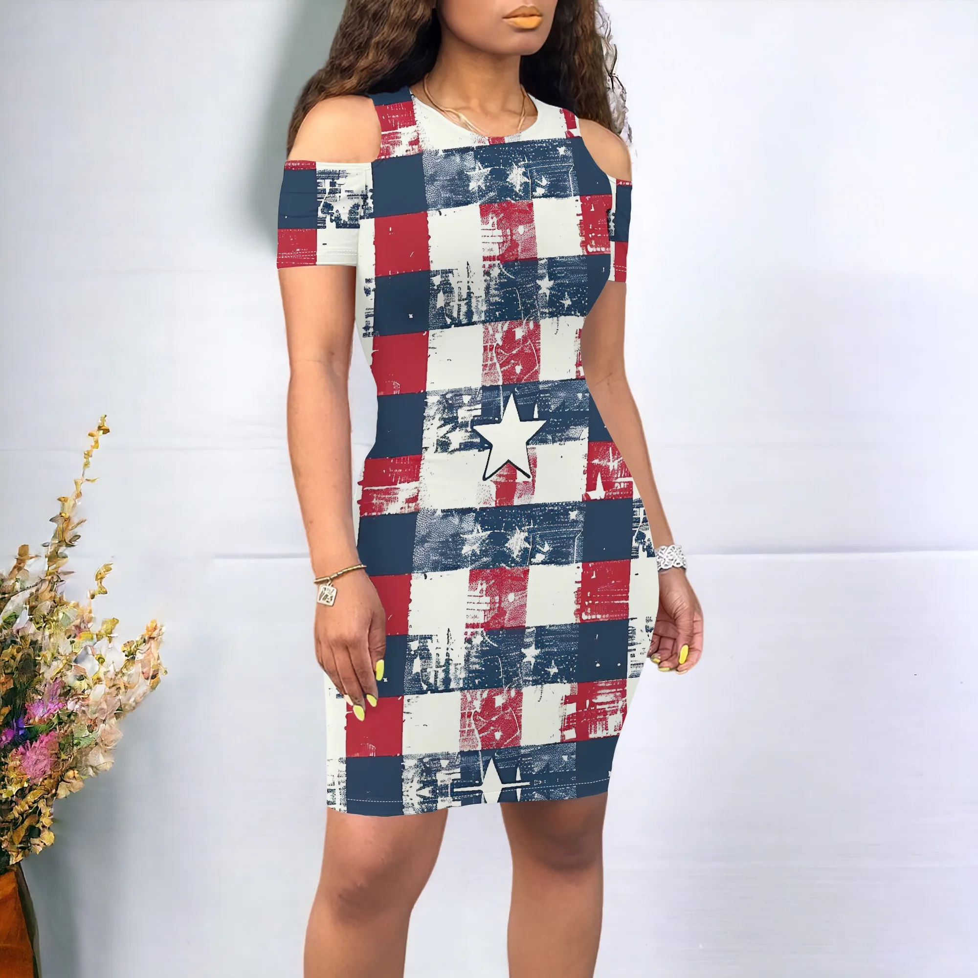 

Vintage Americana Cold Shoulder Dress S-3XL Star Plaid Bodycon for July 4th BBQ, Memorial Day Picnic or Country Parade Look