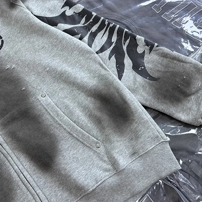 Stain Washed Lost Shdws Hole Damaged Zipper Hoodie Jacket Men Women Flame Flower Print Sweatshirts Oversized Hooded Pullovers