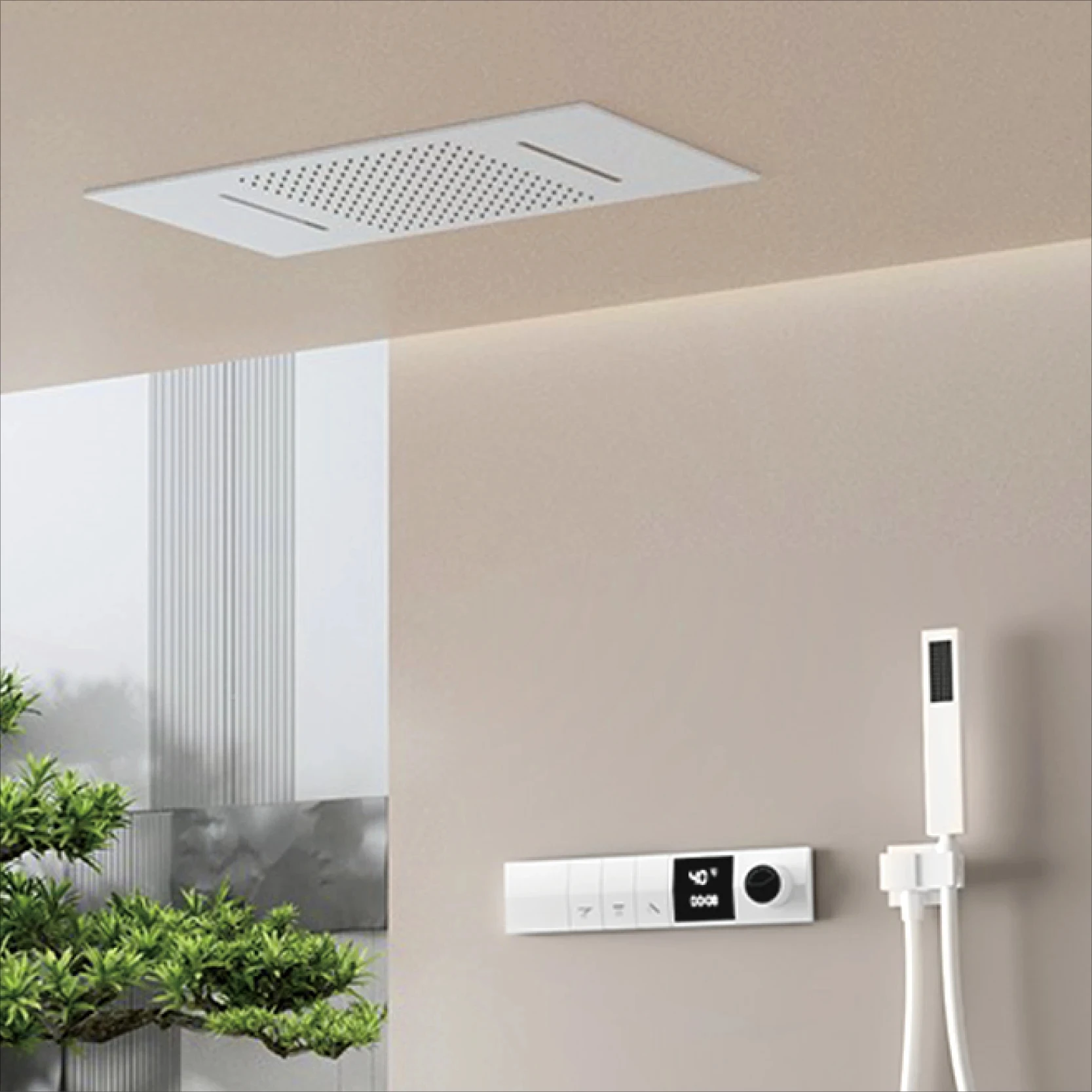 

Chrome Wall-Mounted Ceiling Thermostatic Rainfall shower system LED Display 3 Spray Modes Brass Anti-Scald Easy Install Shower