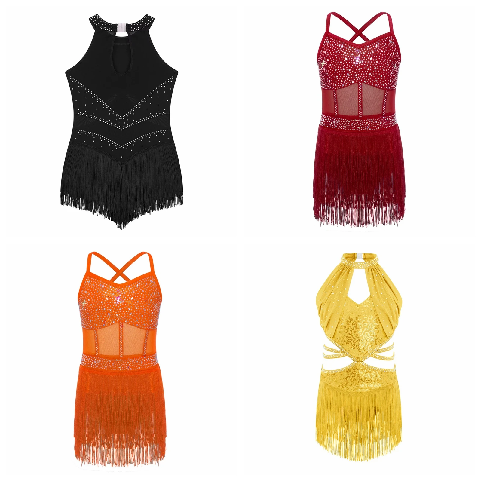 

Kids Girls Ballroom Dress Tango Dancewear Tassel Fringe Latin Line Dance Leotard Sheer Mesh Samba Rumba Performance Dresses