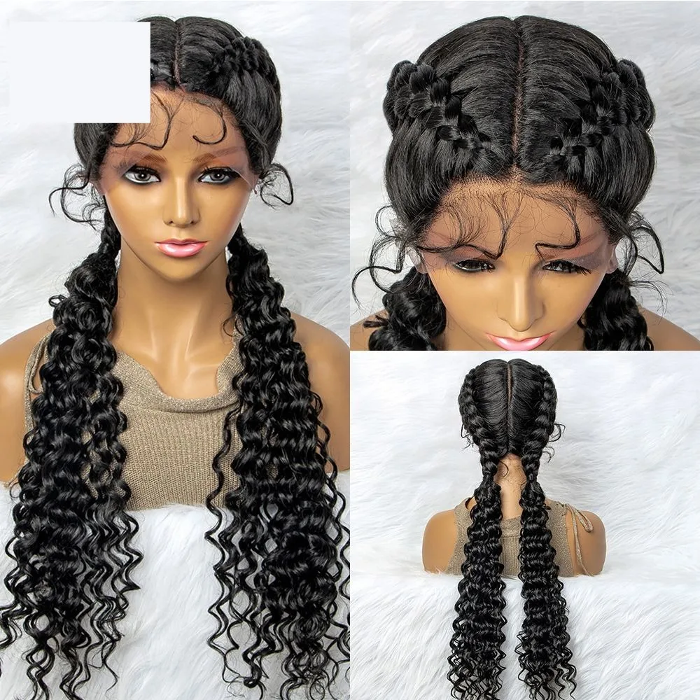 

New Synthetic 13X1 Transparent Lace Front Hair Braided Wig 28 inches Curly Hair Glueless Water Wave Frontal For Black Women Wigs