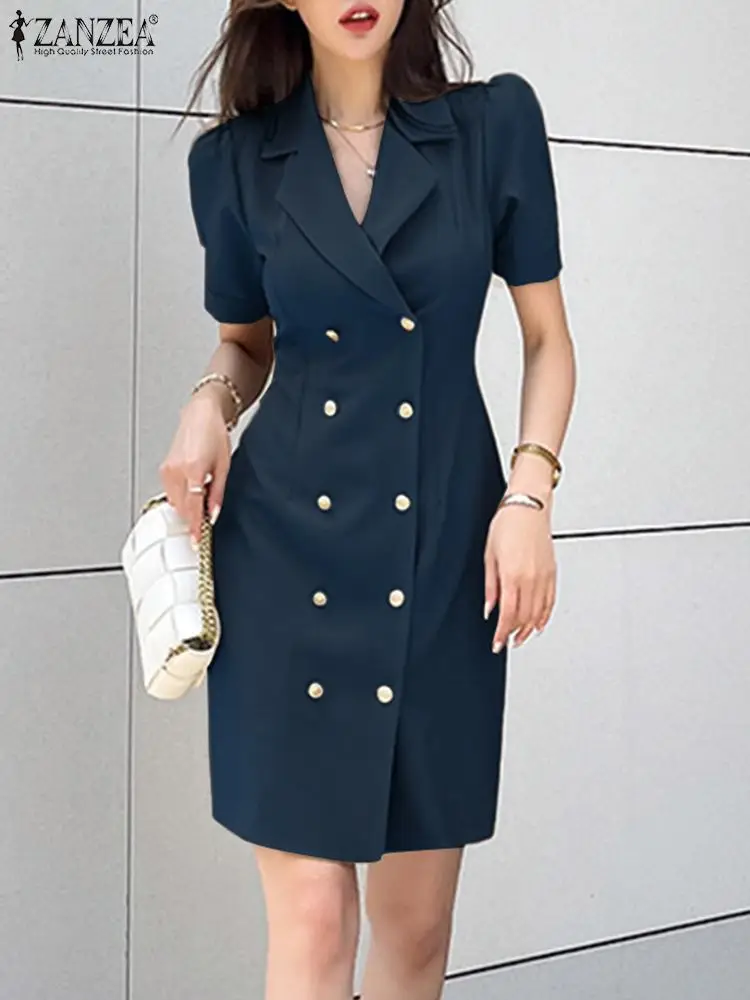 ZANZEA Elegant Office Lady Suit Dresses Korean Fashion Women Cinched Waist Short Sleeve Mini Dress Summer Slim Fit Short Vestido