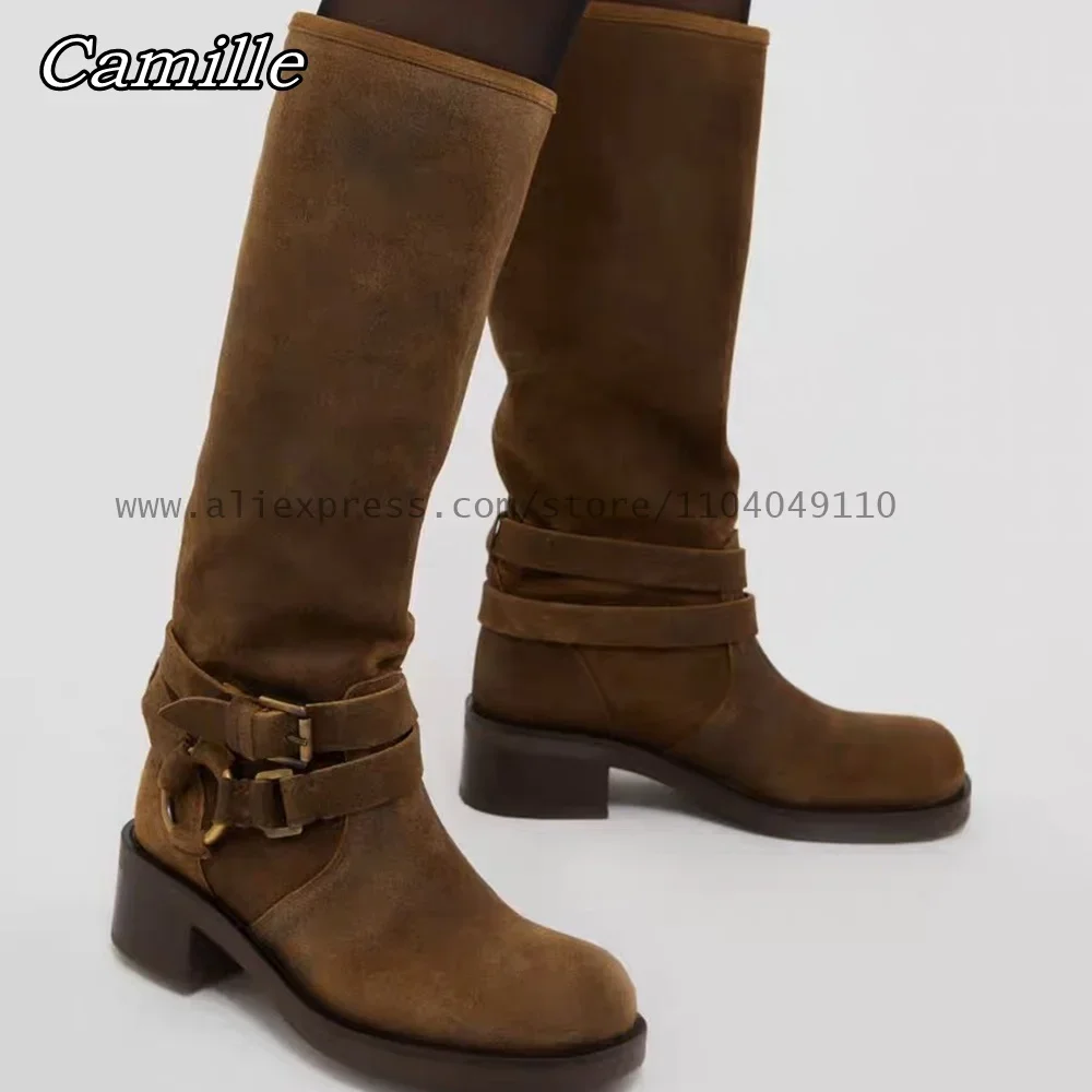 

Retro Brown Cow Suede Buckle Strap Slip On Modren Boots Autumn New Fashion Casual Knee High Boots Round Toe Platform Lady Boots