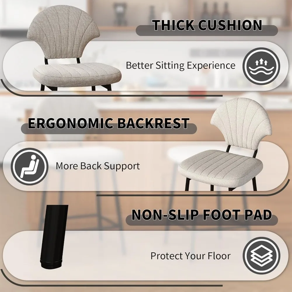 Bar Stools Set of 4, Counter Height BarStools with Shell-Shaped Backrest, Island Chairs with Metal Legs and Footrest, Modern Bar