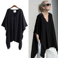 T Shirt Woman Irregular V-neck Tshirts Fashion Personality Loose Solid Color Bat Sleeve Blouse Cheap Clothing chinaJQMYT004