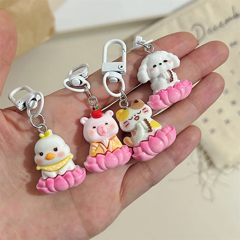 Cartoon Animal Lotus Keychain Cute Girly Keyring Car Key Chain Lovely School Bag Pendant Backpack Hanging Decoration Gifts