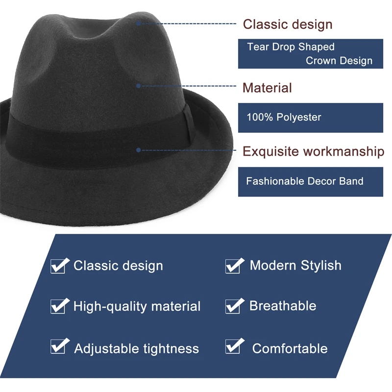 Ladies Fedora Hat Autumn Winter Gangster Trilby Hat for Women Men Felt Church Jazz Hat Cap