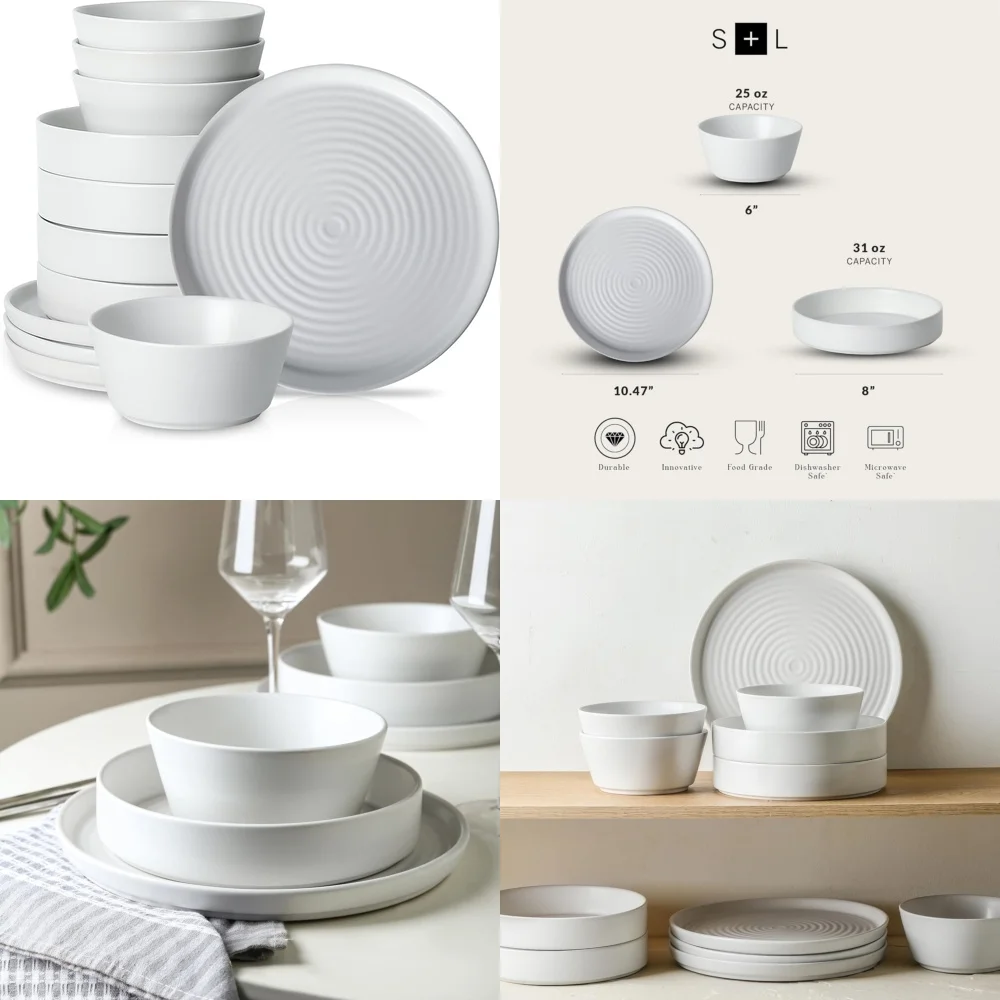 

Ceramic Tableware Set12 Piece Modern Stoneware Dinnerware Set for 4 Includes Plates Bowls White Elegant Design Perfect for