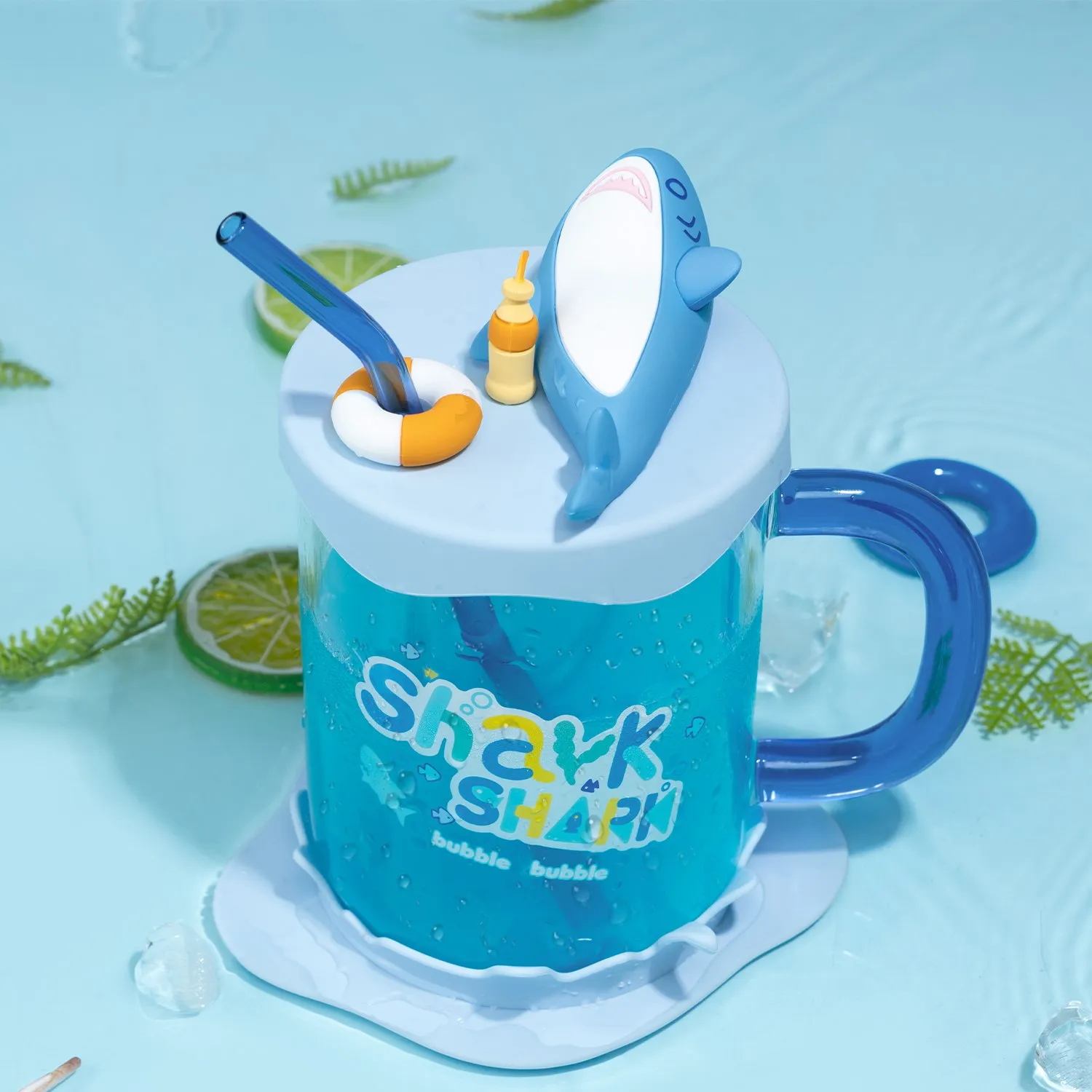 Geekshare ถ้วยใส่เครื่องดื่มลายฉลามขนาดใหญ่, ถ้วยใส่เครื่องดื่มวงกลมโปร่งใสน่ารักสำหรับฤดูร้อนใส่เป็นของขวัญขนาด800มล. สำหรับเพื่อน