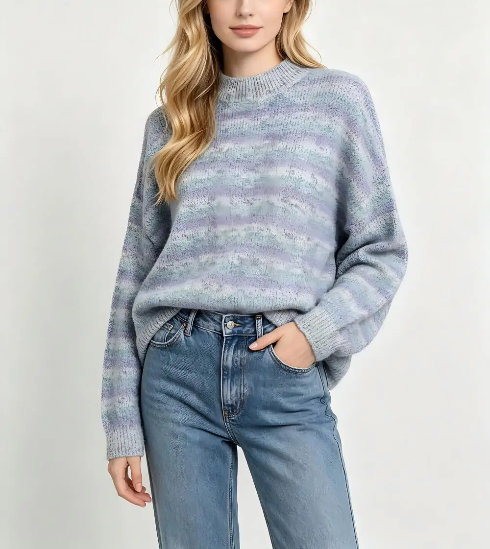 Women's Autumn Winter Tie Dye Gradient Stripe Mock Neck Knit Sweater Lazy Style Loose Pullover Jumper