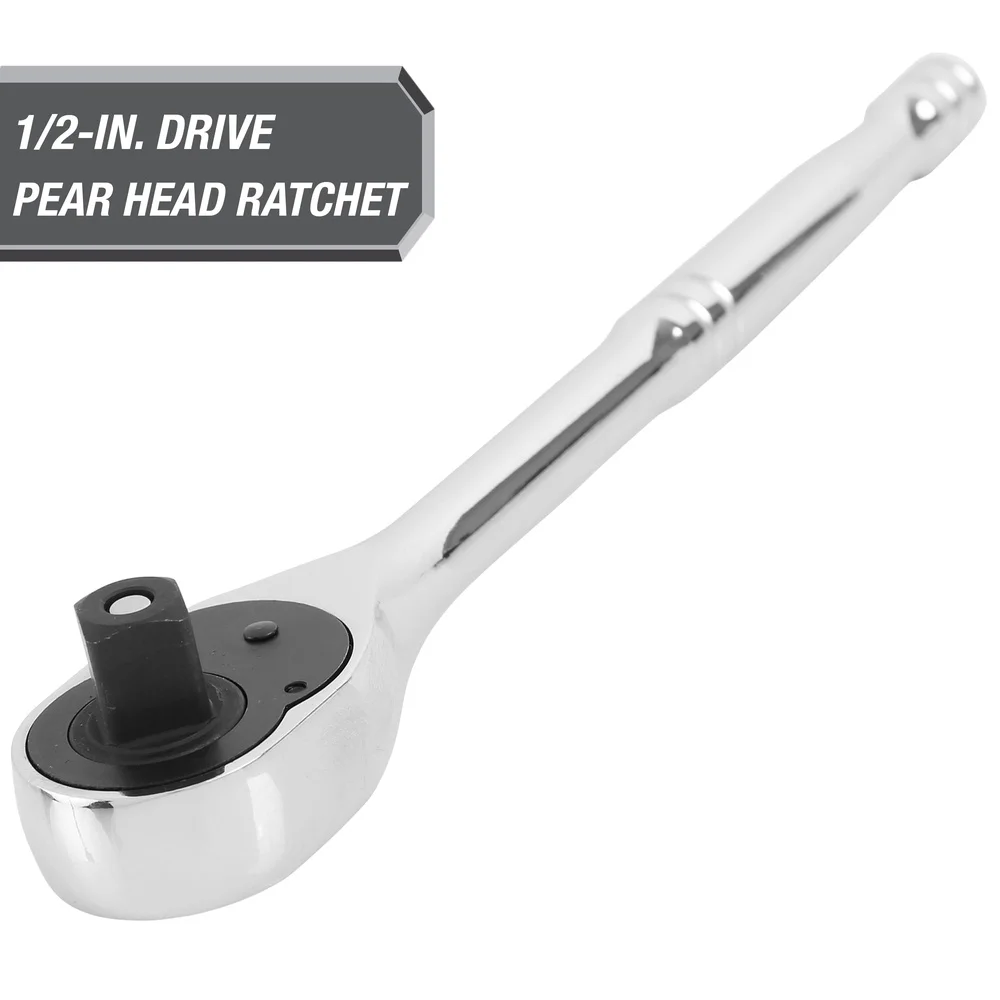 Chrome 1/2 Inch Drive 72-Tooth Pear Head Ratchet Heavy Duty Steel Quick Release Ergonomic Handle Easy Operation Tools