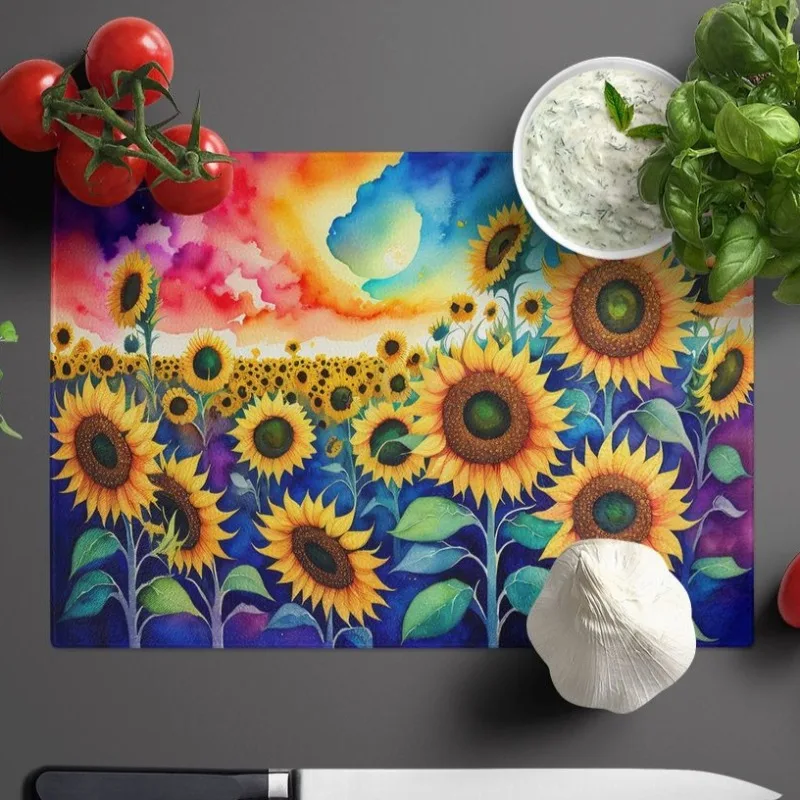 

Яркие подсолнухи в цветном стекле, разделочная доска, декоративная кухонная разделочная и сервировочная доска из закаленного стекла, большой размер