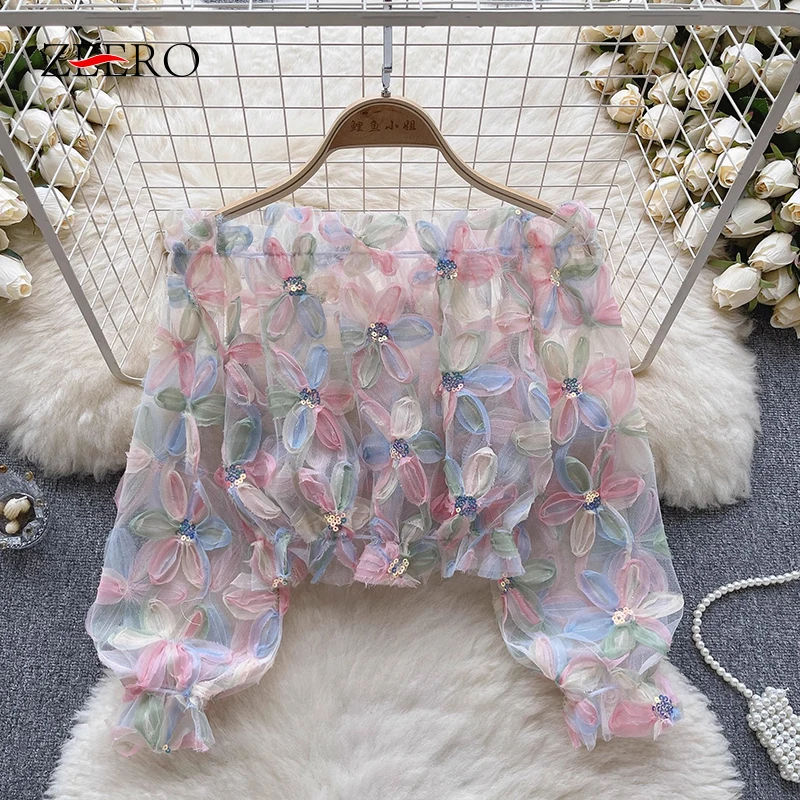 

Korean Summer Sweet 3D Appliques Flowers Sequins Womens Tops and Blouses Long Sleeve See Through Sexy Fairy Blouses Blusas Mujer