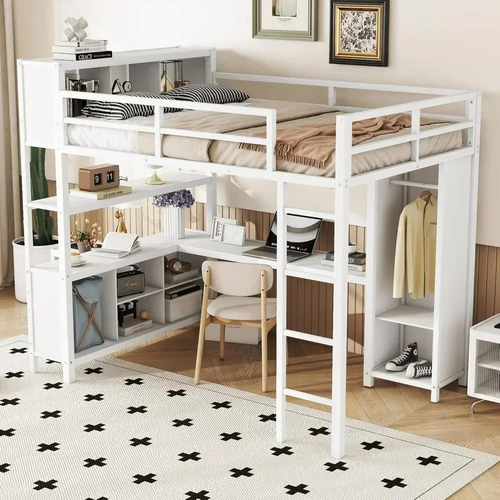 Bunk Beds Full Size Loft Bed with L Shaped Desk and Wardrobe, Heavy Duty Loft Bed with Storage Cubes and Shelves