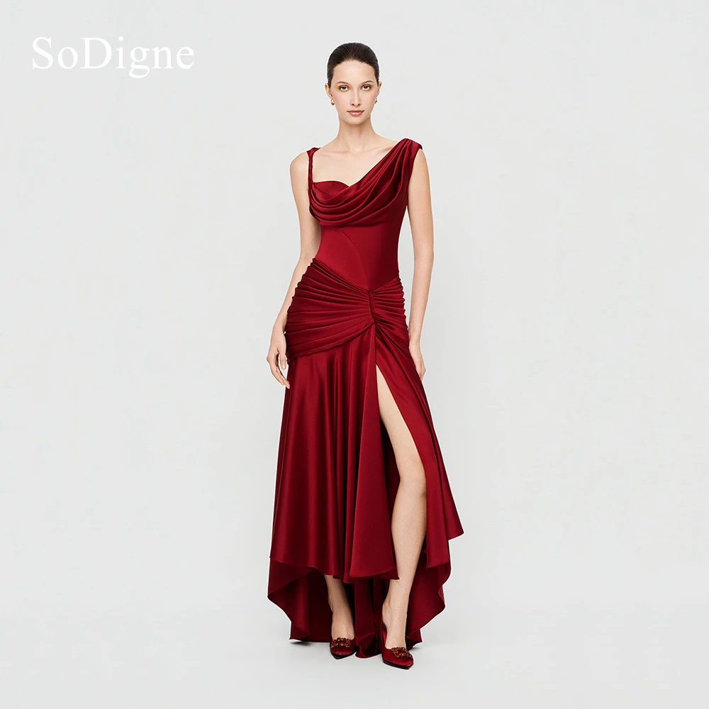 SoDigne Chic Satin Evening Dress Pleated Sleeveless Lady Party Dresses Sexy High Slit Draped Asymmetrical Prom Gowns Customized