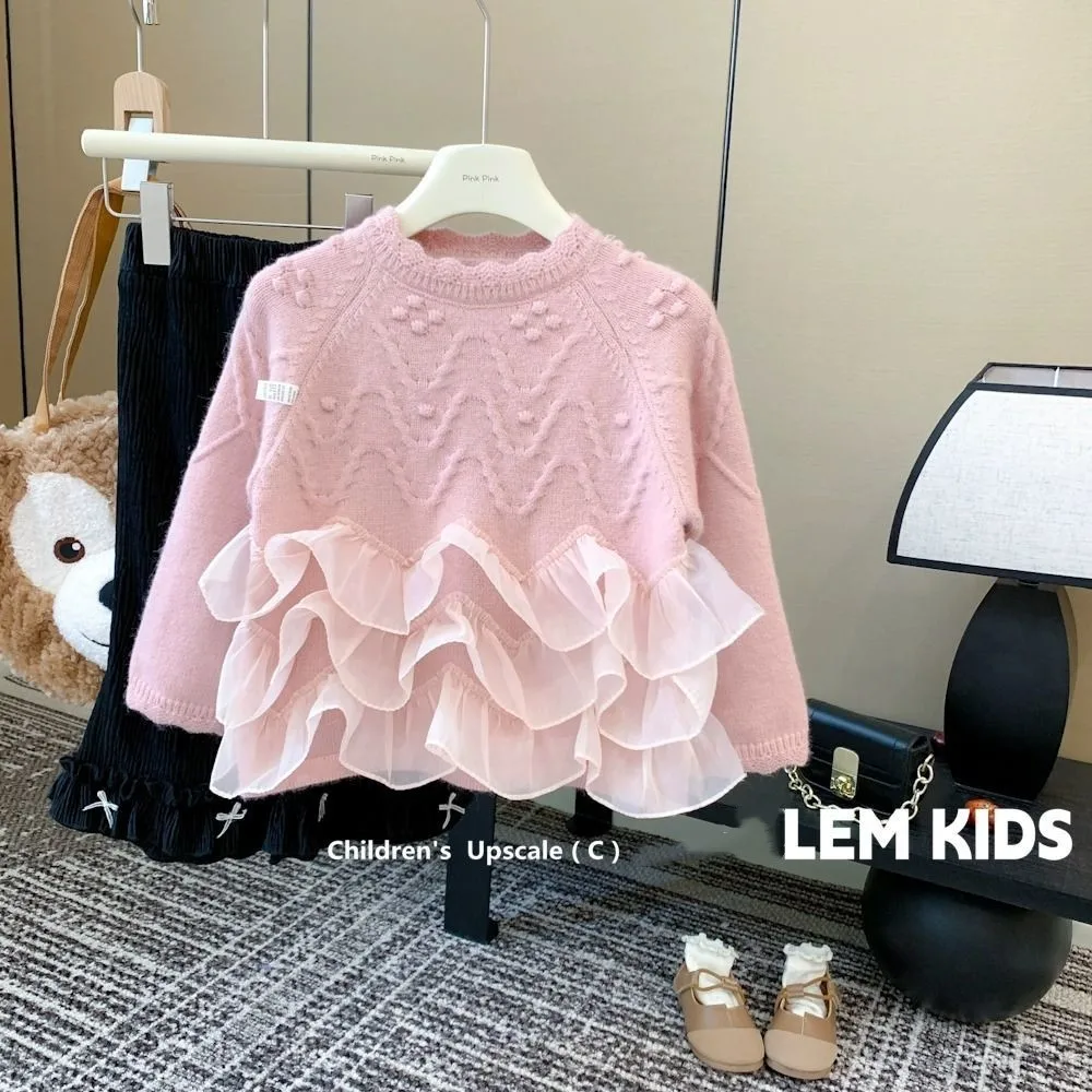 

Children's Lace Panel Sweater Autumn and Winter New Girls' Baby Thickened Warm Knitwear Children's Pullover Top