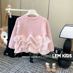 Children's Lace Panel Sweater Autumn and Winter New Girls' Baby Thickened Warm Knitwear Children's Pullover Top
