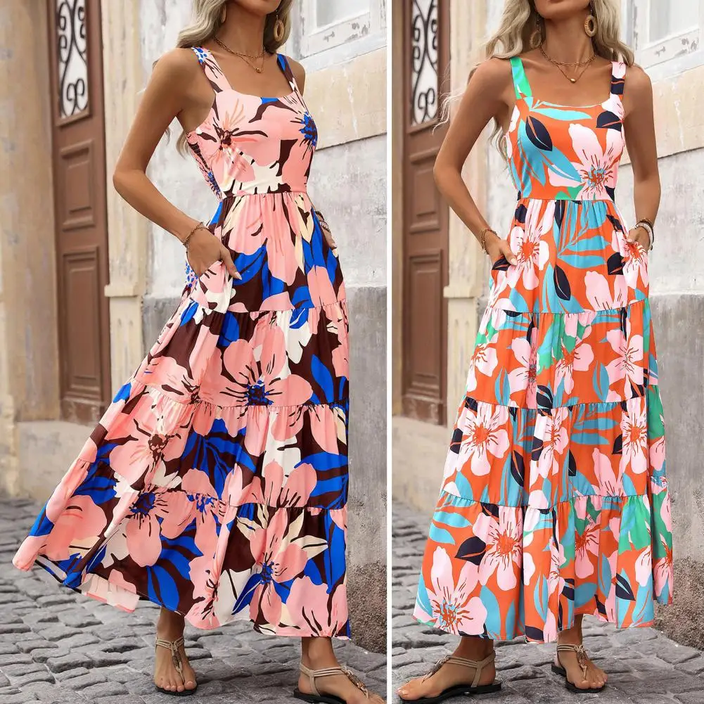 

Women Sundress Bohemian Floral Print Maxi Dress for Women A-line Beach Vacation Dress with Pleated Patchwork Hem Square Neckline