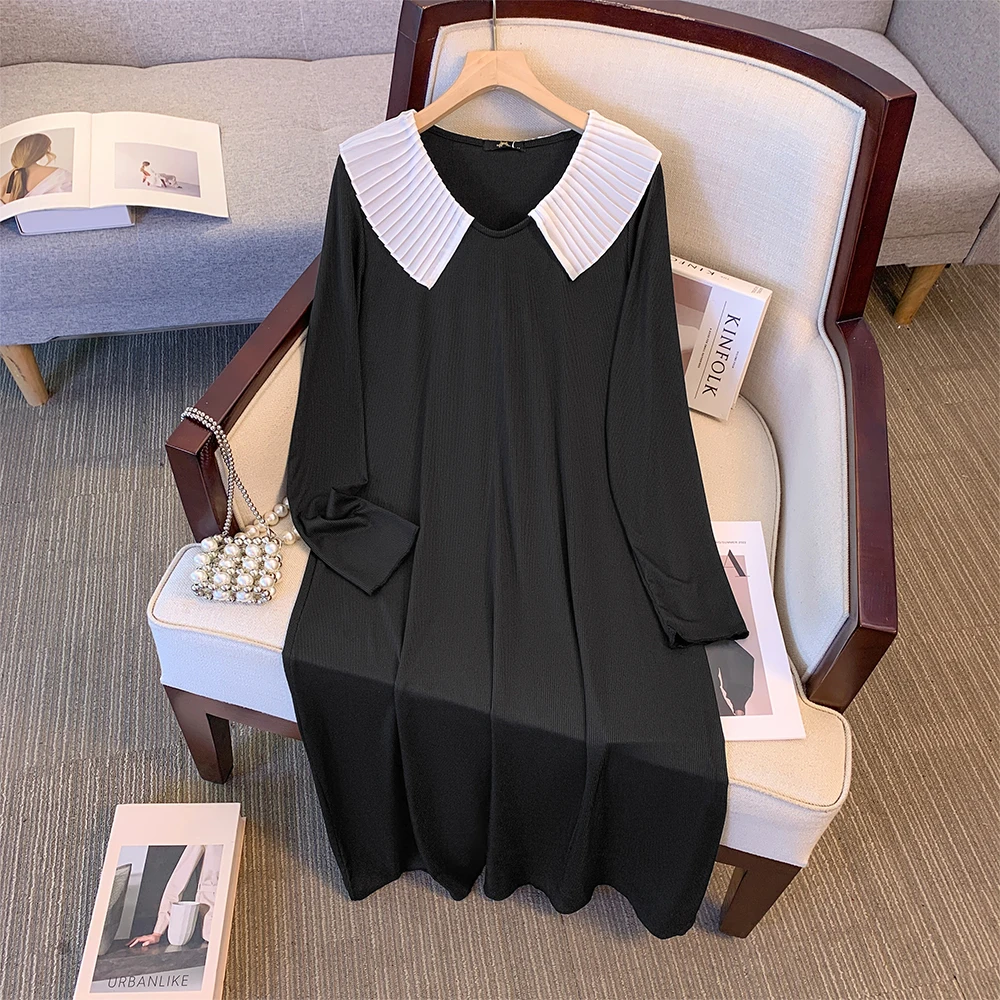 Spring and Autumn New Plus Size Women's Black Doll Collar Dress Loose Casual Commuter French v-Neck Thin Mid-Length Dresses