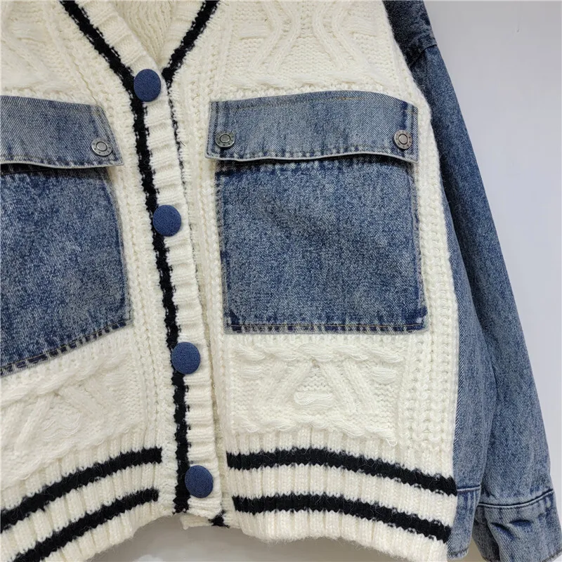 Fashion Women\'s Patchwork Denim Pockets Knit Striped Cardigan 2024 Autumn Trendy V-neck Long Sleeves Sweater Female 1LS022