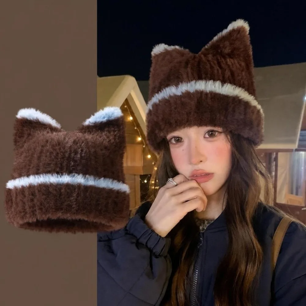 Cute Ear Warm Knitted Hat Windproof Lining Pullover Hat Cold Proof Ear Protection Cap Winter