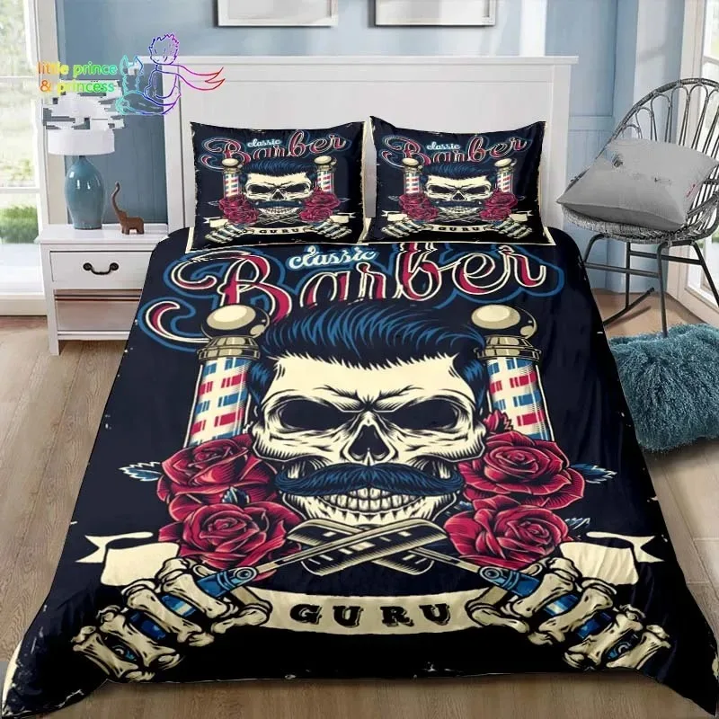 Vintage Barber Shop Skull Sign Bedding Set Single Twin Full Queen King Size Bed Set Adult Kid Bedroom 3D Print Bedding Gift