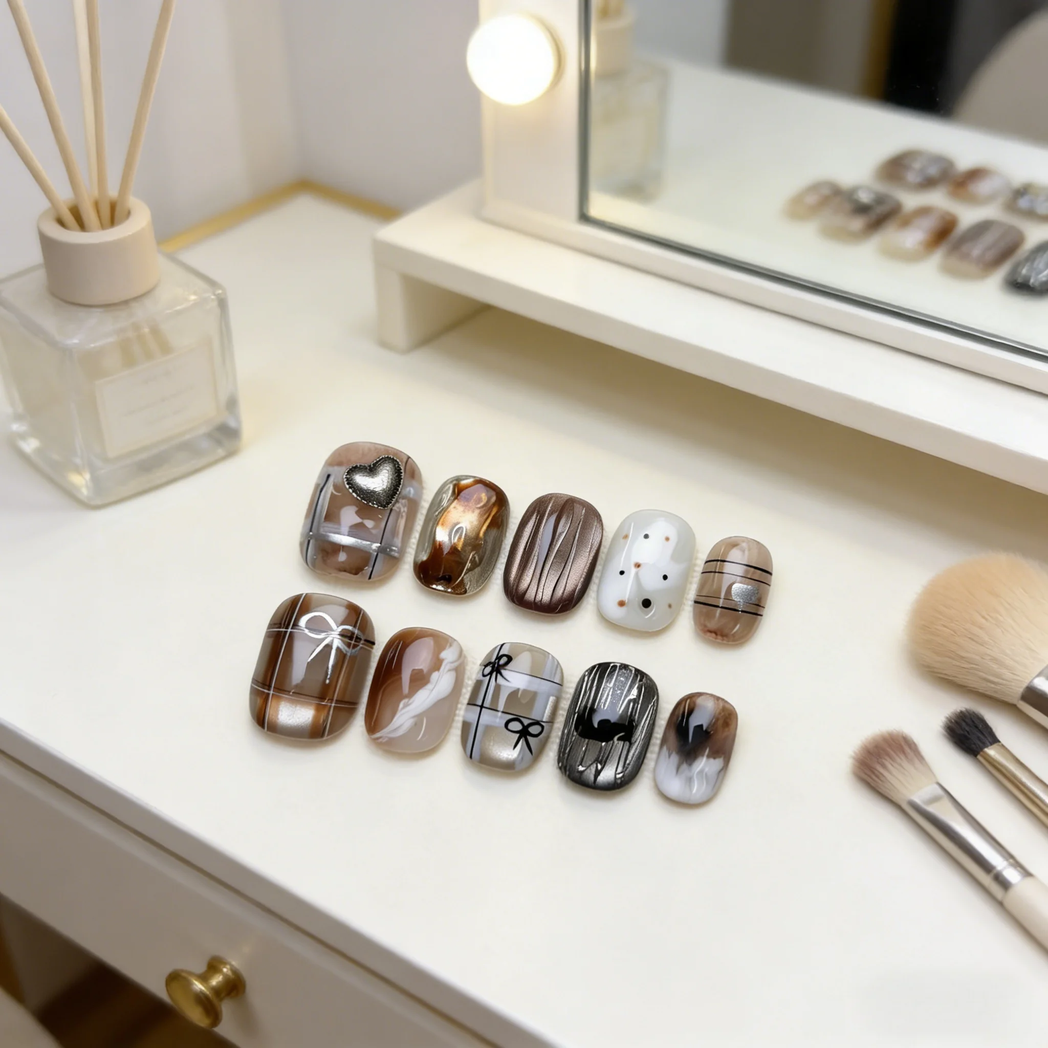 

10pcs Brown Melange Handmade Nails Eggshell Heart Bow Press on Nail Short Square Round Fake Nail for Women&Girl False Nail Art