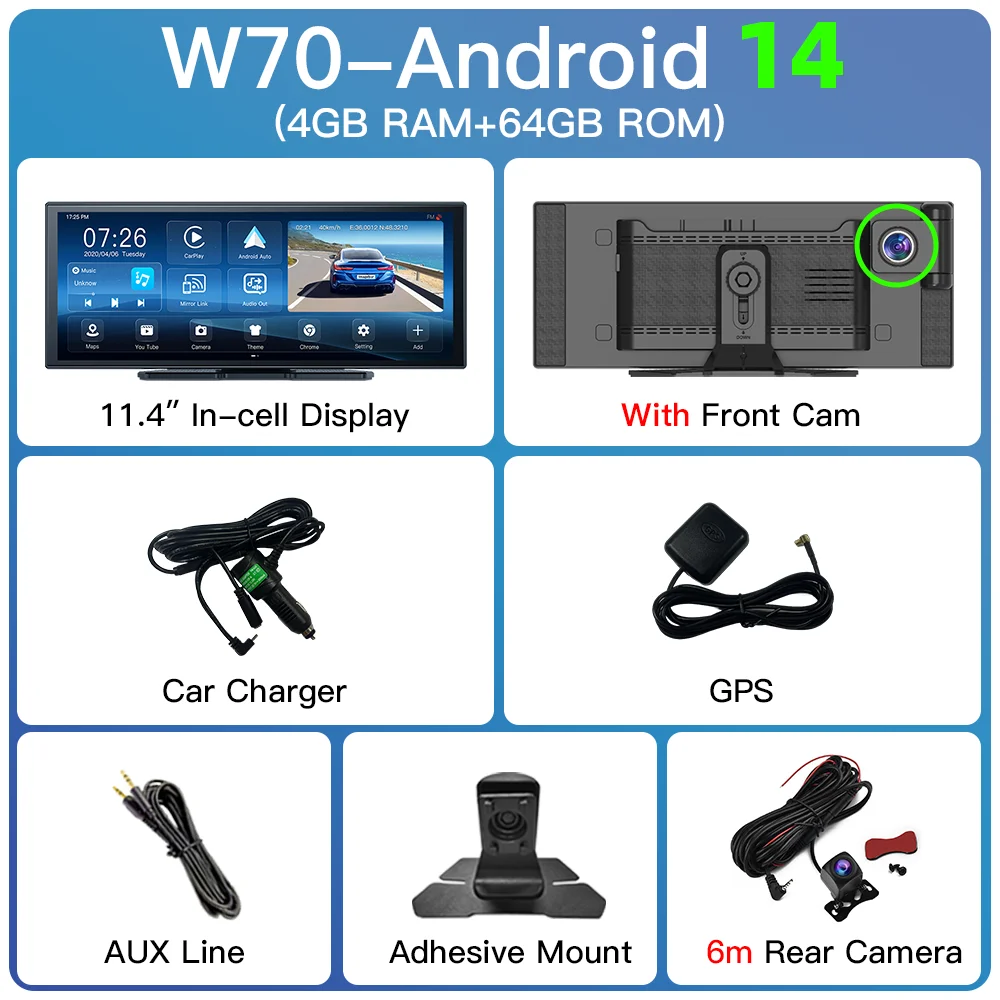 Imagebon W70 11.4 "Android 14 6 + 128G 8 Core Dashcam Draadloze CarPlay & Android Auto Youtube Google Play Dual Lens GPS Auto DVR