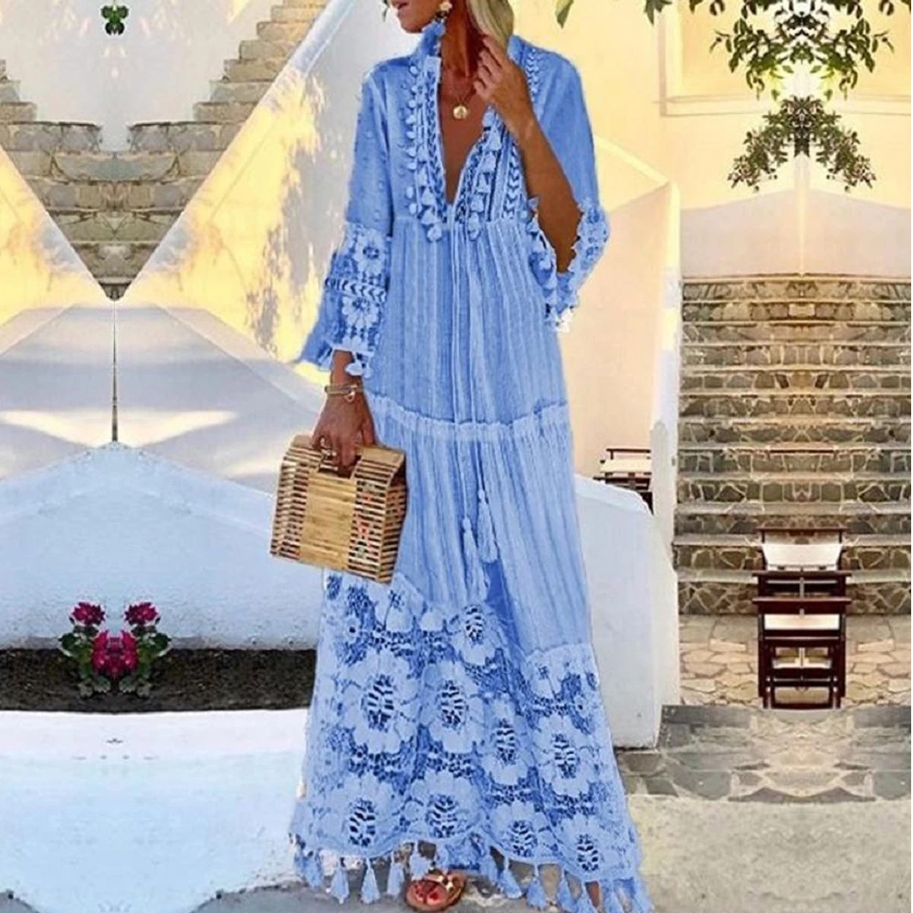 2022 Fall Solid Hollow Out V-Neck Lace Sexy Dresses Bohemian Style big size Dress Vestidos Tassel Sexy Boho Long Dress Women