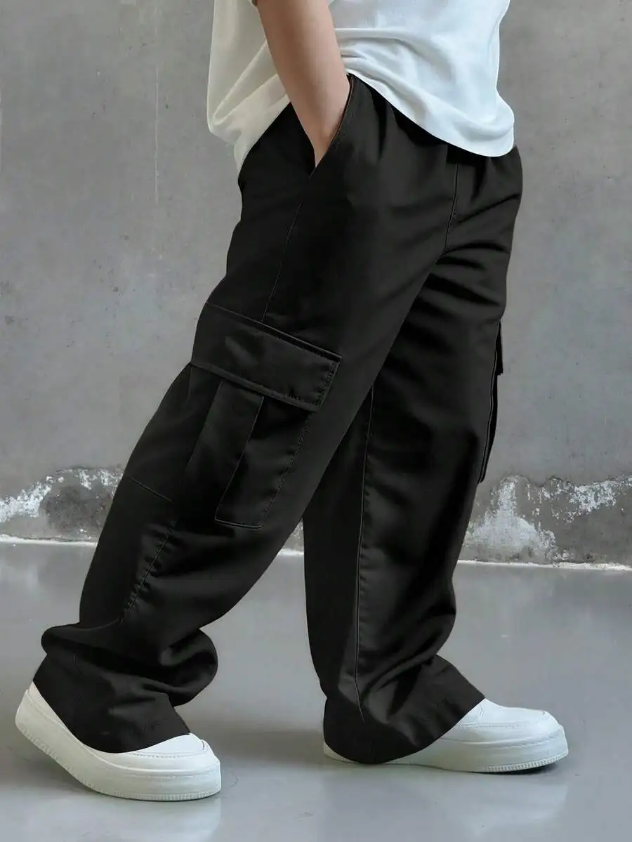 

Black Loose Fit Multi-Pocket Straight Leg Cargo Pants for Boys