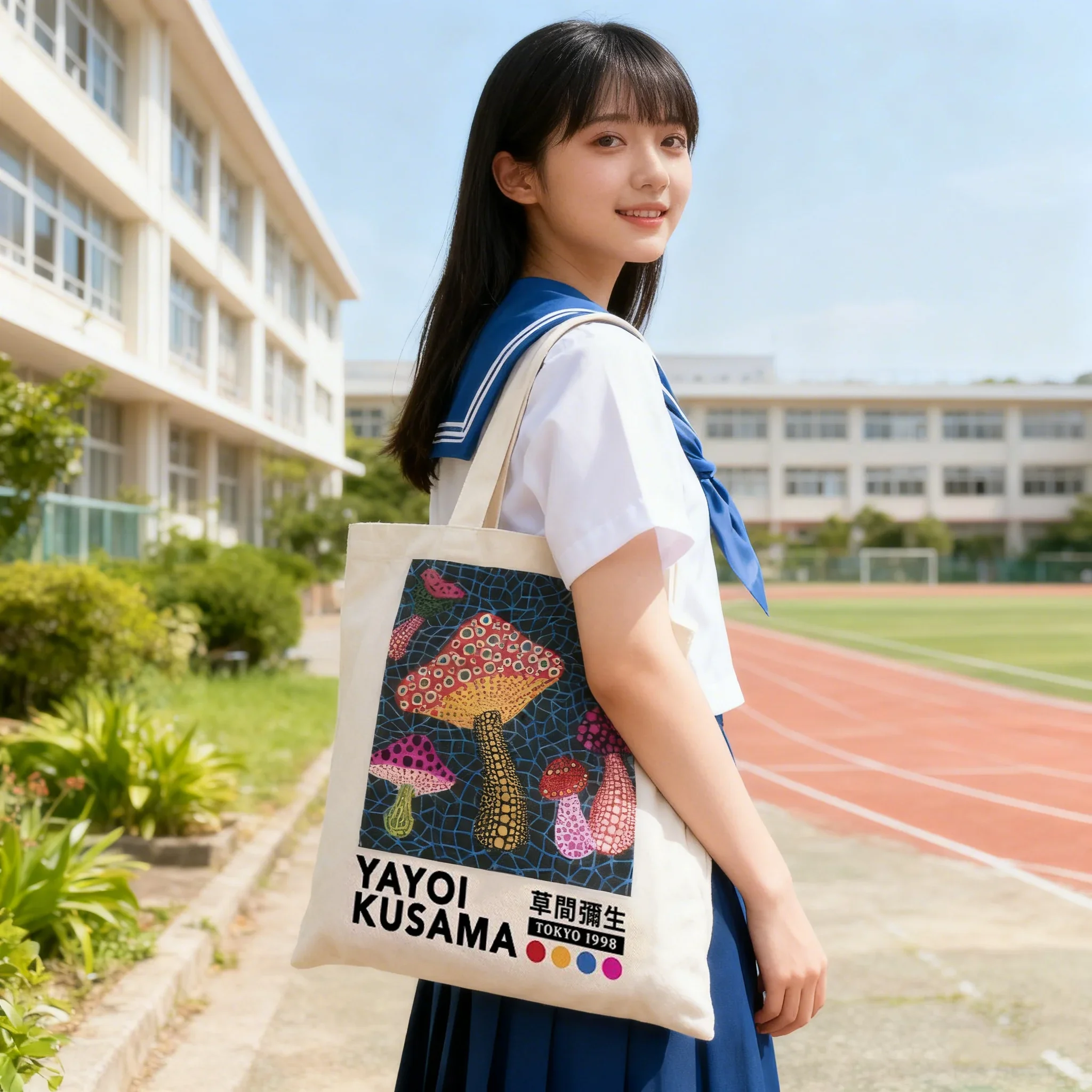 Yayoi Kusama Fantasy Mushroom Wave Point Canvas Bag Art Sense Shoulder Bag Japanese Art Style Daily Commuter Street Versatile