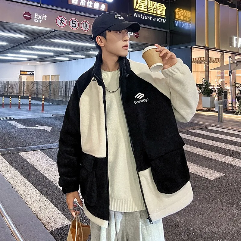 

Мужская зимняя утепленная куртка из хлопка с флисовой подкладкой, в американском ретро-стиле, с цветными вставками и отделкой из овечьей шерсти, повседневная теплая куртка с воротником-стойкой