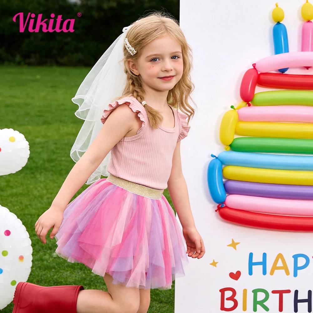 VIKITA Kids Princess Skirt Irregular Layered Mesh Tulle Tutu Mini Ballet Casual Skirt for Girls Pink Birthday Party Costumes