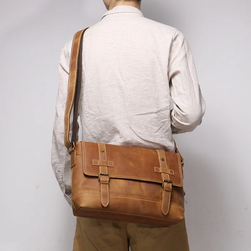 

Nesitu High Quality A4 Vintage Thick Brown Genuine Crazy Horse Leather Women Men Messenger Bags Cowhide Male Shoulder Bag M1055
