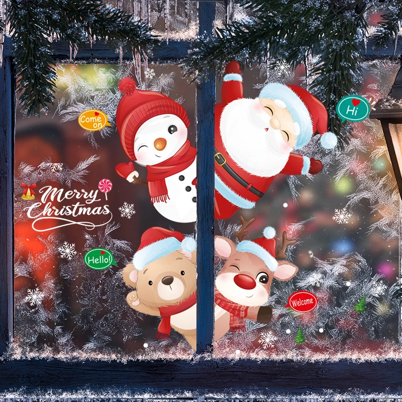 Christmas Wall Stickers Snowman Cartoon Deer Snowflake Happy New Year Glass Decoration Waterproof Window Sticker