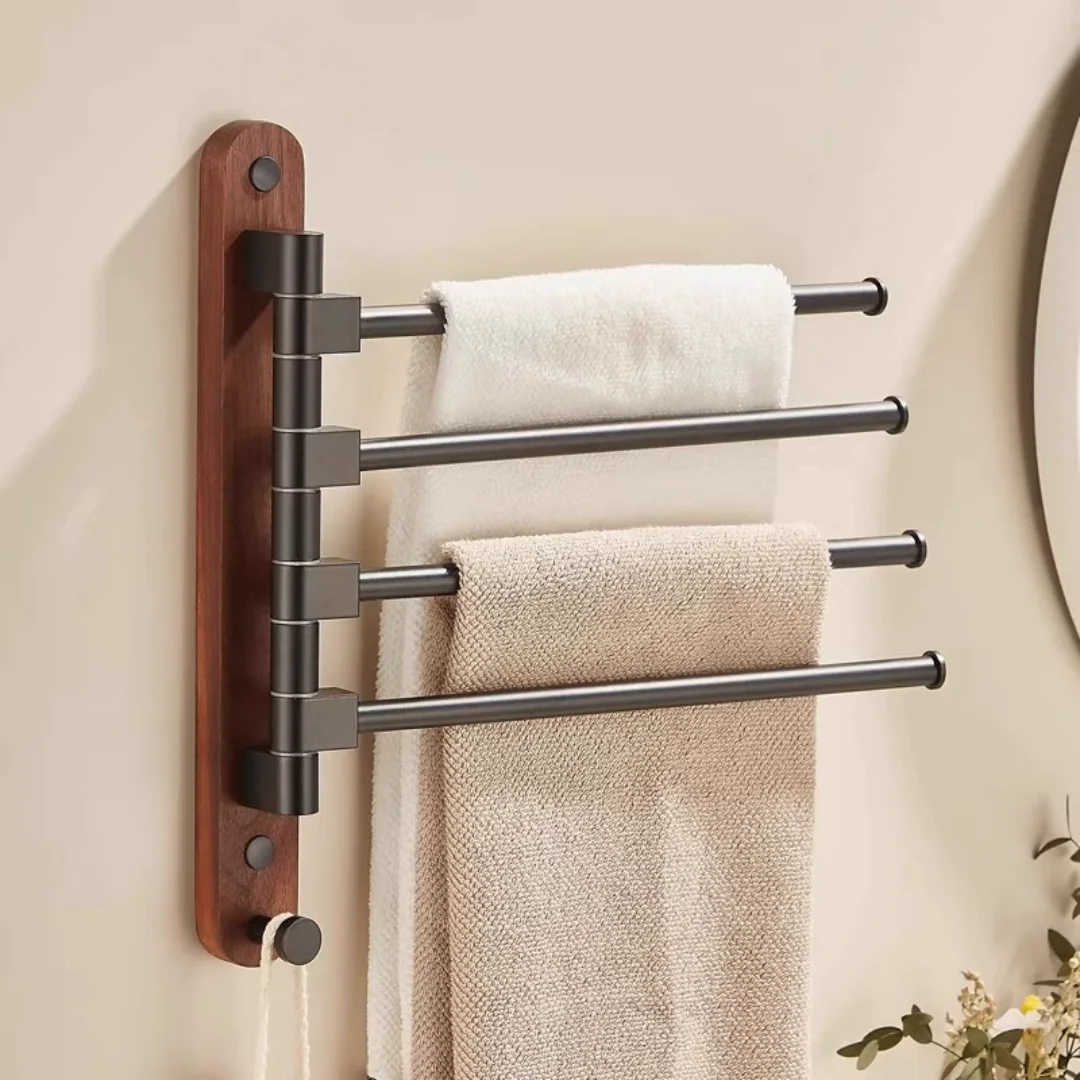 Rak Handuk Kamar Mandi Kayu Hitam, Gantungan Handuk Putar Lipat, Rak Handuk Tempel Dinding, Rak Handuk Ringkas, Rak Handuk Kamar Mandi
