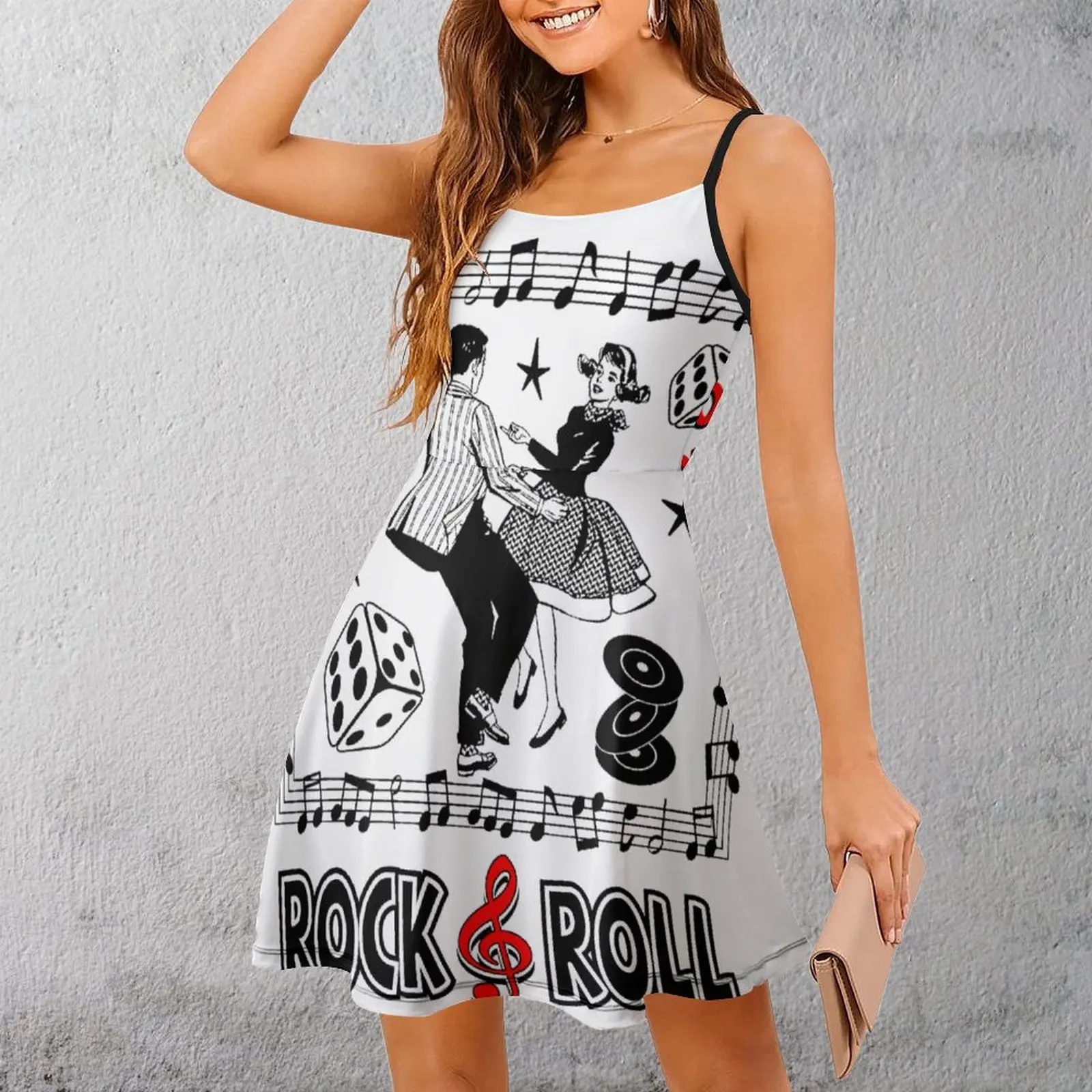 

Рок-н-ролл, музыка, винтажное женское платье на бретельках 50-х годов, креативное экзотическое женское платье с юмором и графикой, коктейльное платье
