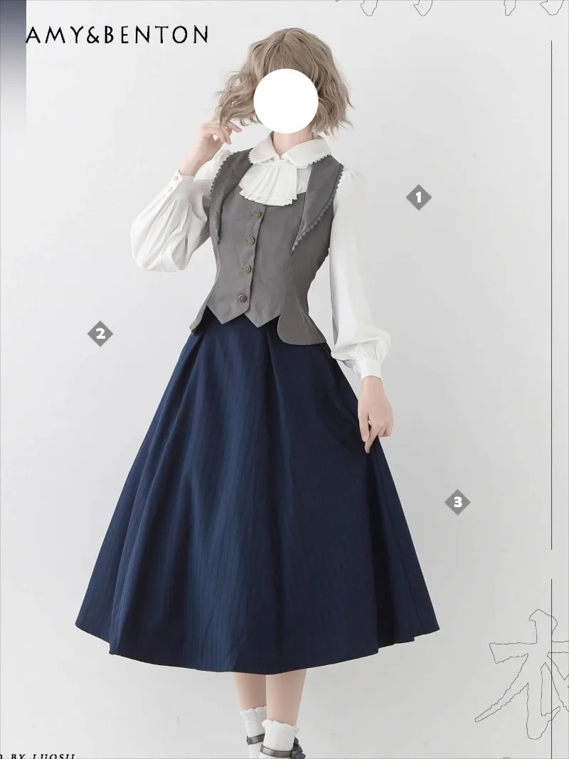 

Original Pastoral Style Retro Heavy Craft Fishbone Stripe Skirt Sweet Ruffled High Waist Slim Mid-Length Skirts Puff Skirt Women