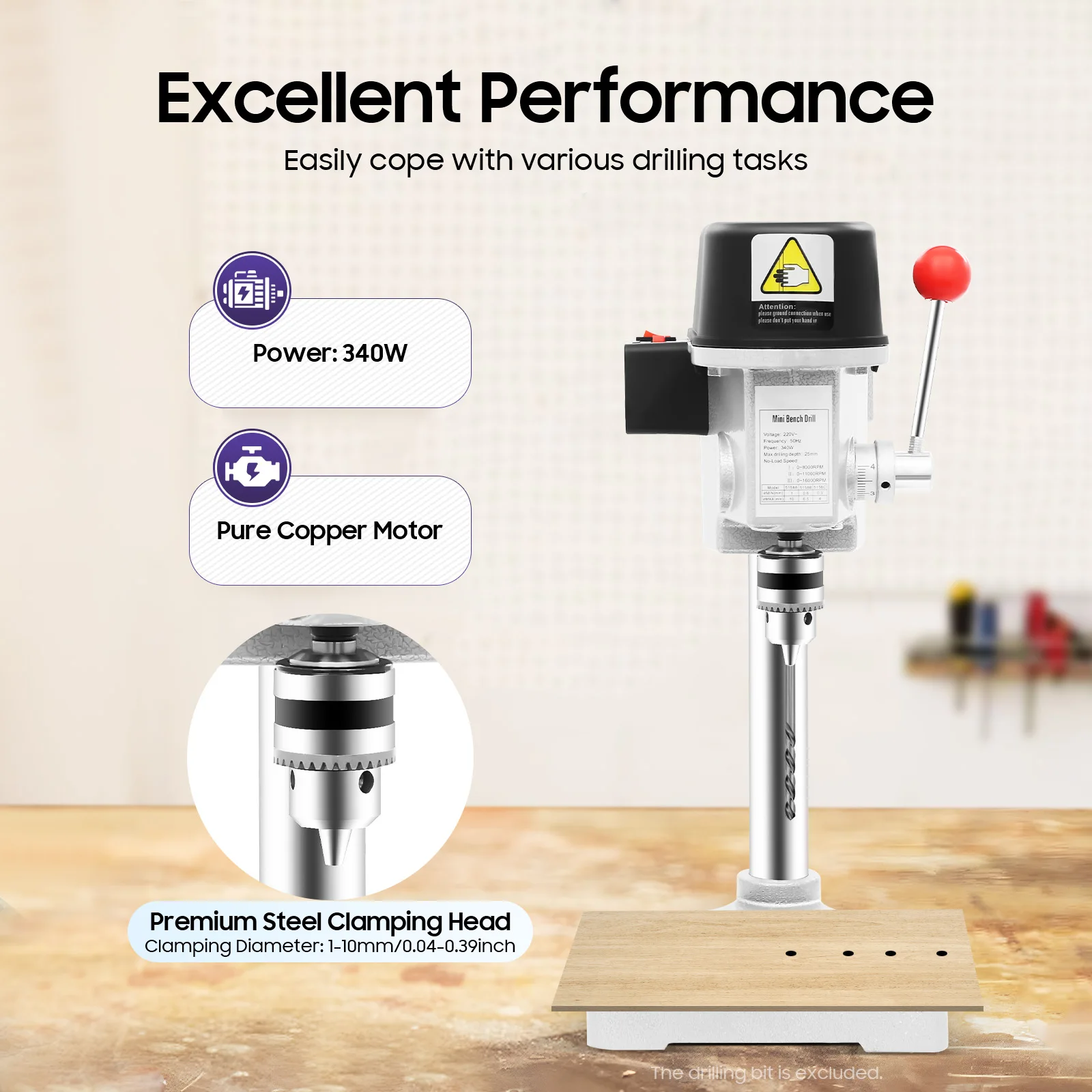 340W Mini Bench Drill Press, 3-level Adjustable Speed Corded Mini Table Drill, High-precision Portable Bench Drill Machine