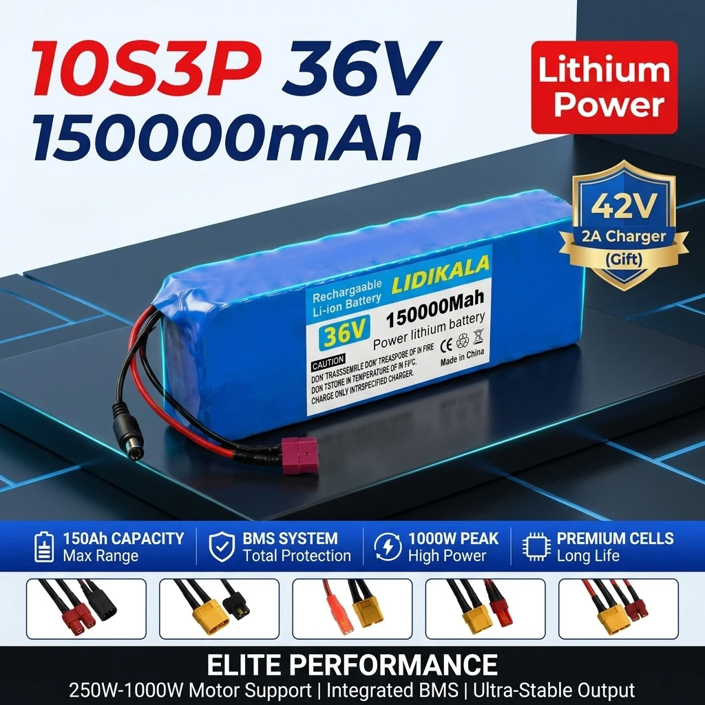 36V 10S3P 150Ah 18650 Wiederaufladbarer Lithium-Akku mit eingebautem BMS Hochleistungs-Ersatzakku für Elektrofahrrad, Roller, Elektrofahrzeug
