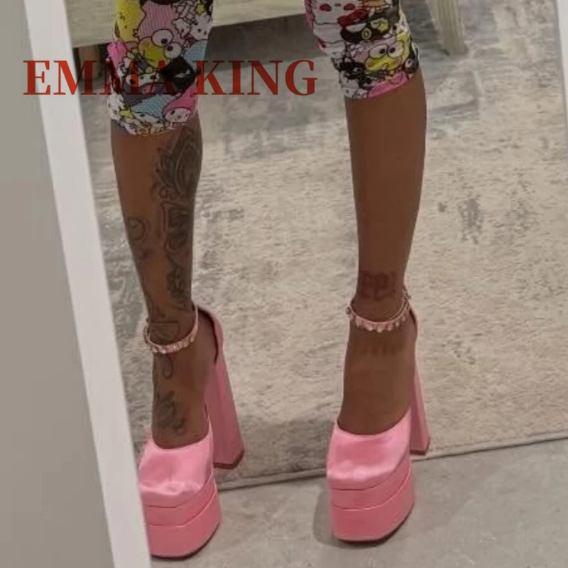 

Women Platform Satin Sandals,Sexy Thick High Heels Pumps,Rhinestone Ankle Strap High Heels,Woman Square Toe Sandals For Summer