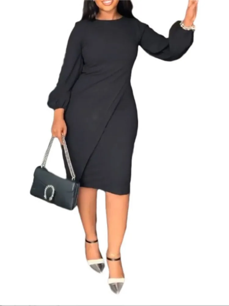 

Women's New Autumn And Winter Lantern Long-sleeved Round Neck Dress, Fashionable Casual Slim Solid Color And Calf Dress Females