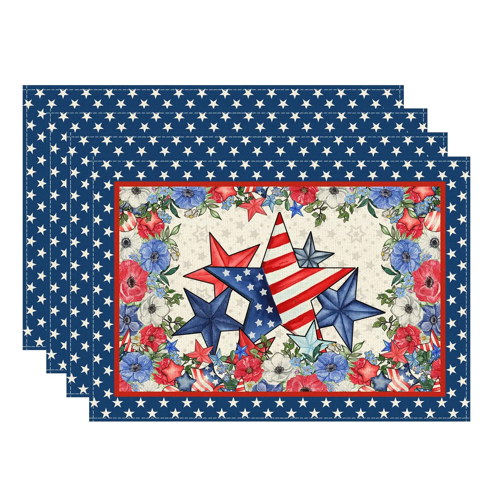 

America Stars Flowers Memorial Day Placemats Table Mats 4th of July Patriotic Independence Day for Party Table Decor 12x18 Inch