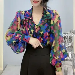 Blusa Vintage con estampado de colores contrastantes para mujer, camisa holgada de un solo pecho con cuello vuelto, primavera y verano