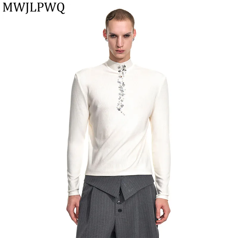 MWJLPWQ نصف الياقة المدورة طويلة الأكمام تي شيرت الرجال أوائل الخريف تزيين المتخصصة تصميم الراقية قاعدة الرجال سليم صالح طبقة القمم 11753