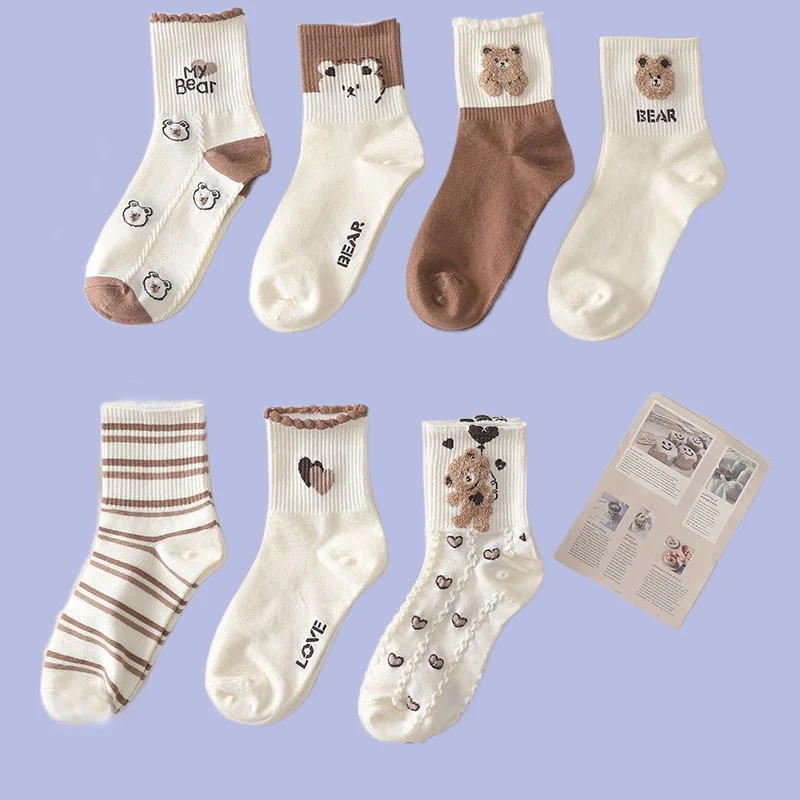 7/14 Pairs Women's Middle-Tube ins Korean Cotton Socks Japanese Cute Student Sports Autumn and Winter Socks Brown Bear Socks