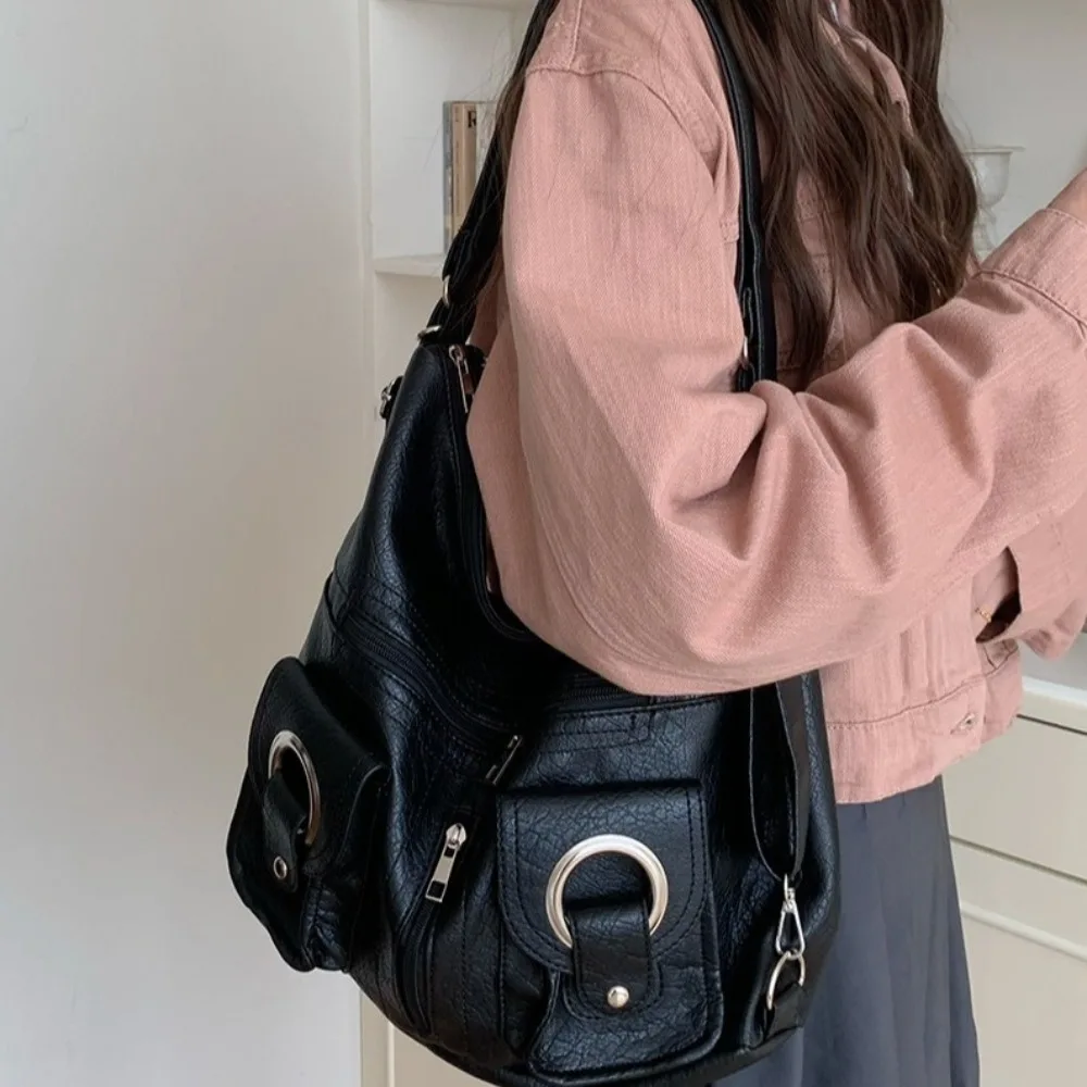 

Vintage Pocket Y2k Backpack Solid Color Korean Style PU Leather Tote Bag Single Shoulder Large Capacity Women School Bag Girls